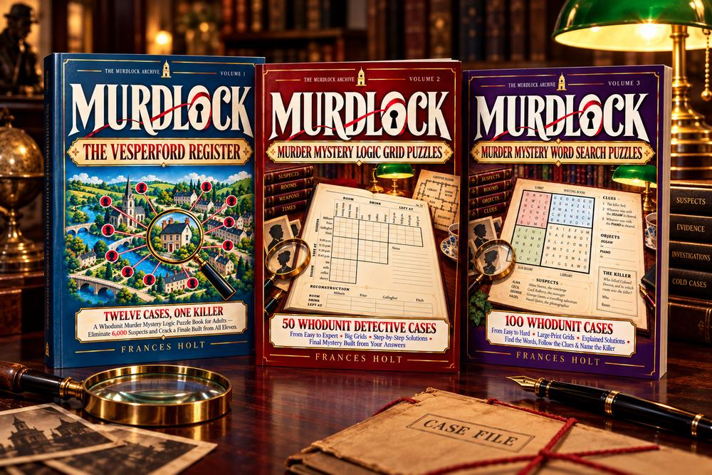 The three MURDLOCK books on a detective's desk