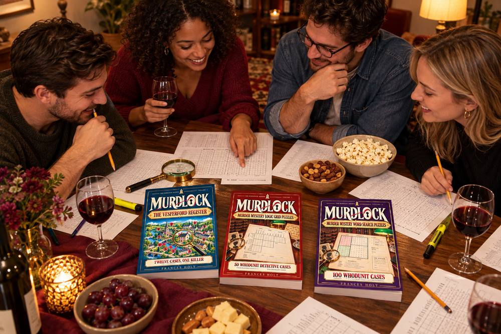 Four friends solving printed MURDLOCK cases around a table