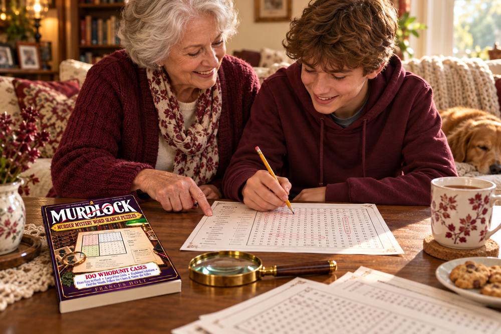 A grandmother and her grandson solving a printed MURDLOCK word search